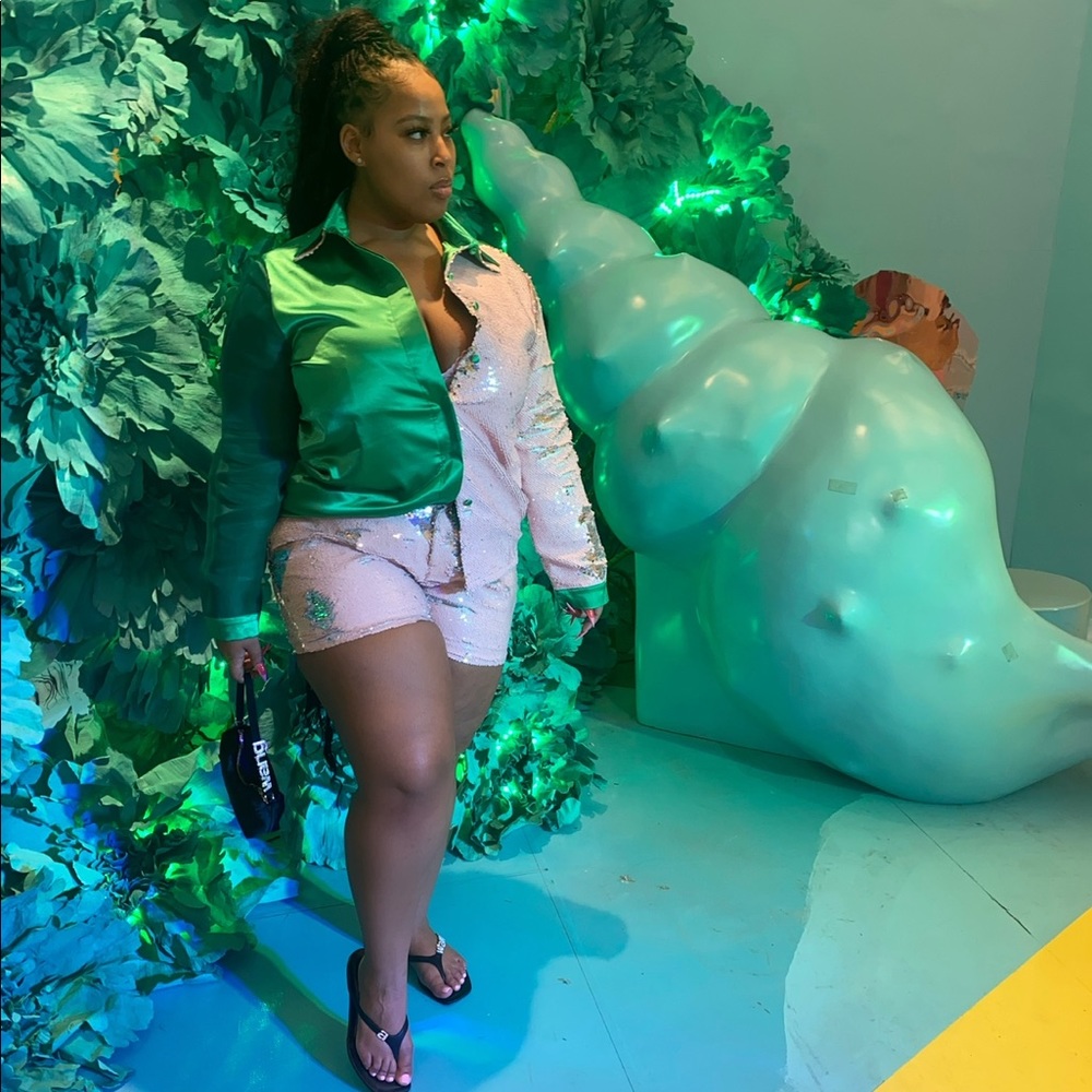 ZaMar Lewis custom pink and green short sequin set.